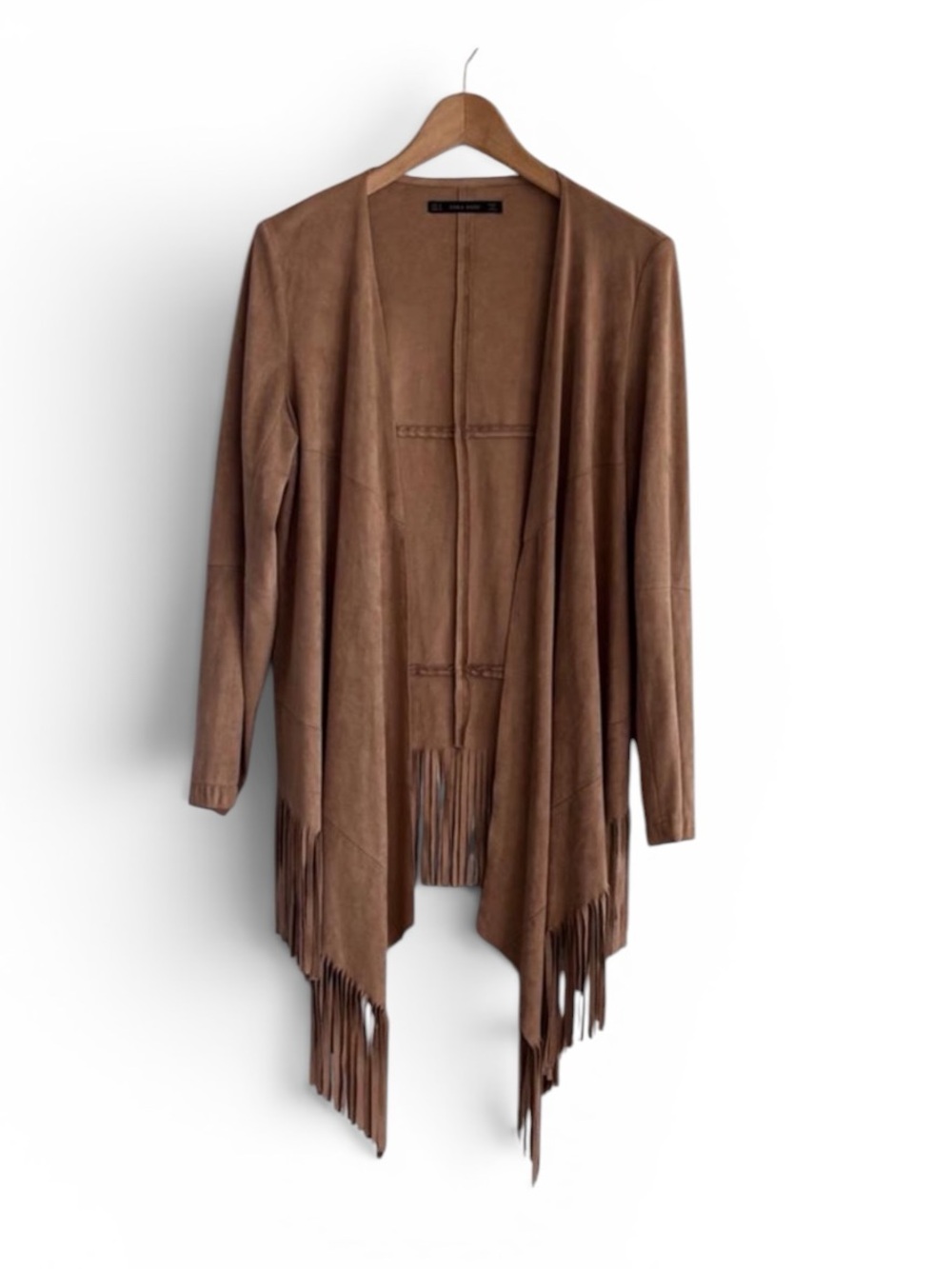 Zara Tan Faux Suede Fringe Jacket Boho Waterfall Cardigan Coat Medium